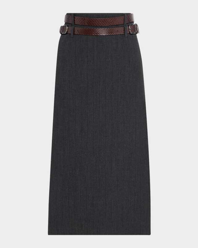 Pinstripe Luxe Midi Suiting Skirt With Double Belt